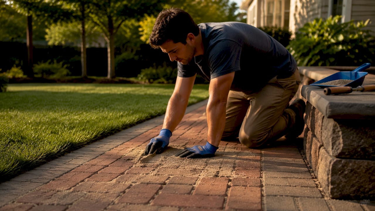 Hands spreading joint sand between brick pavers