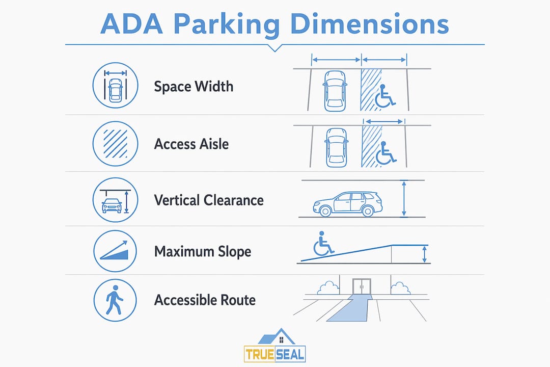 Infographic showing ADA parking space dimensional standards