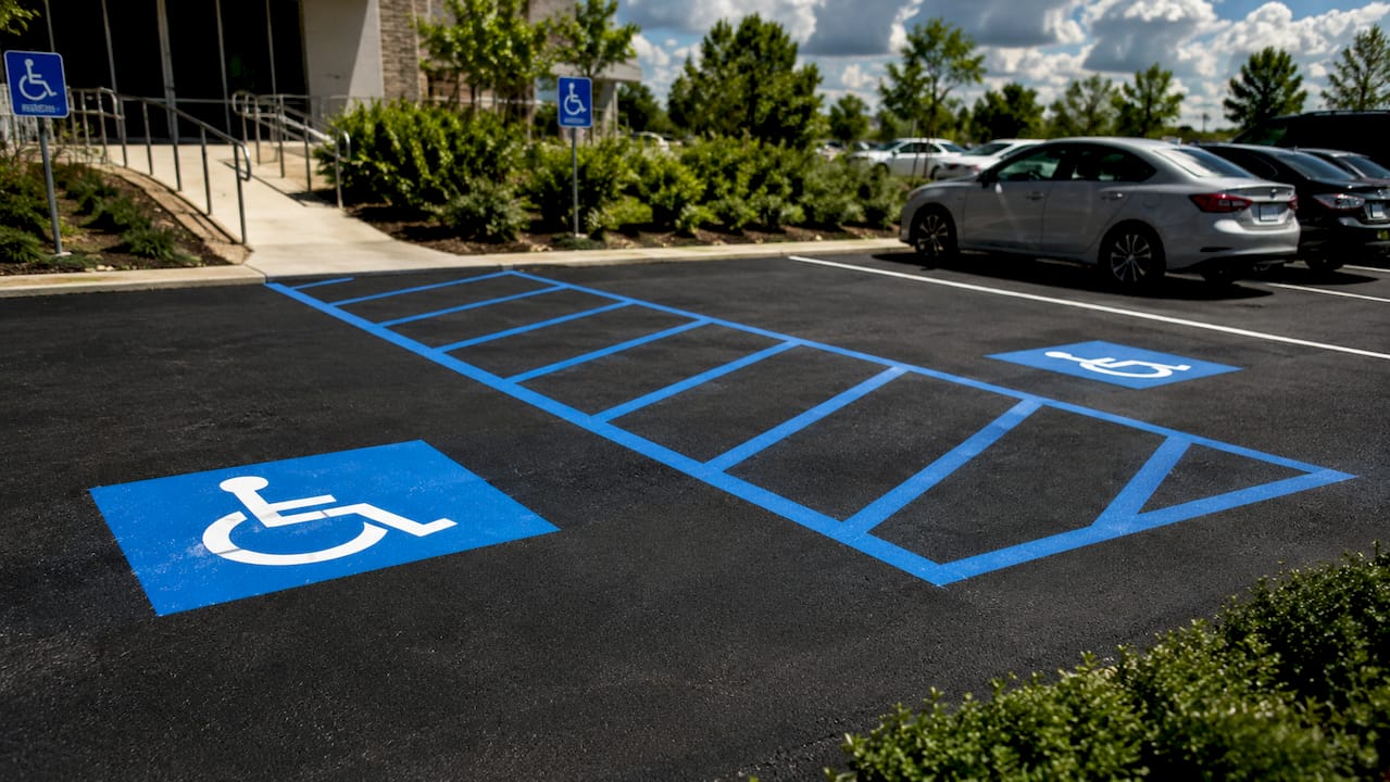 Overhead of accessible and van parking spaces in lot