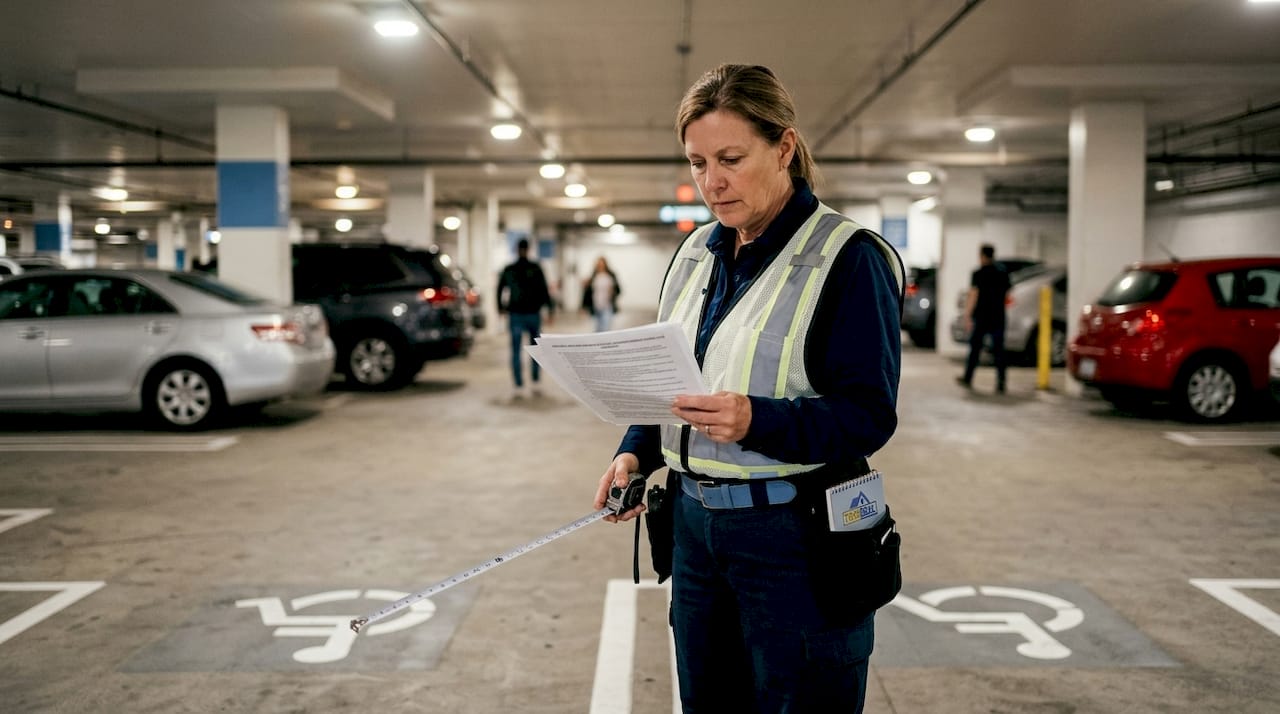 Inspector measuring accessible parking space outdoors