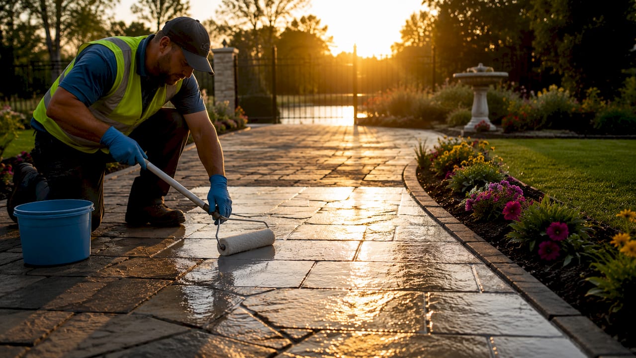 Worker sealing outdoor paver patio surface