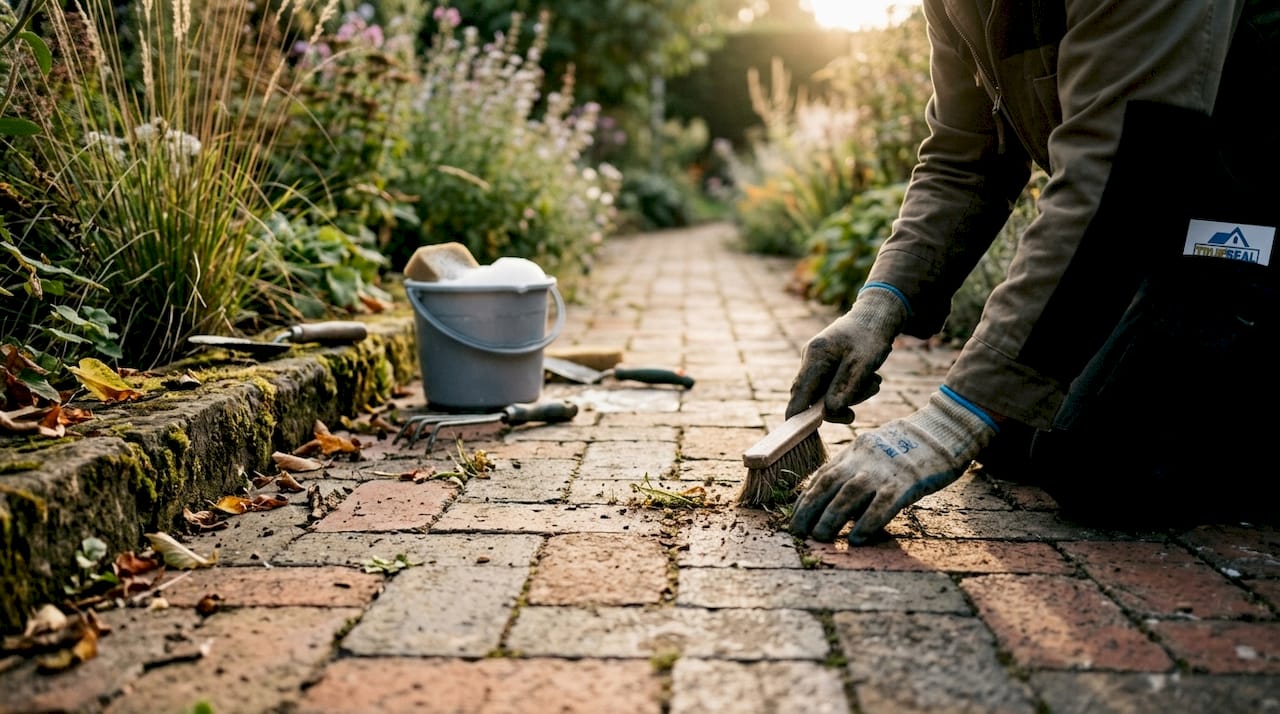Hands cleaning paver joints before sealing