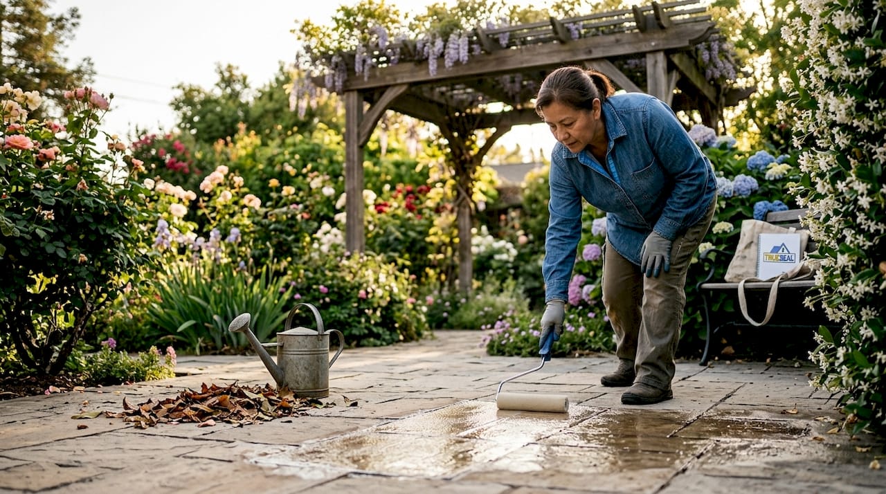 Woman sealing concrete patio outdoors