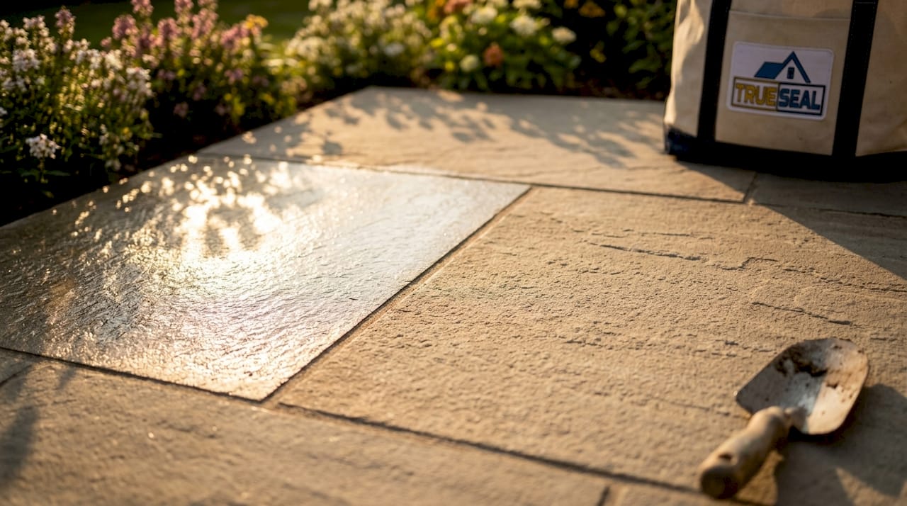 Side-by-side patio sealing finishes comparison