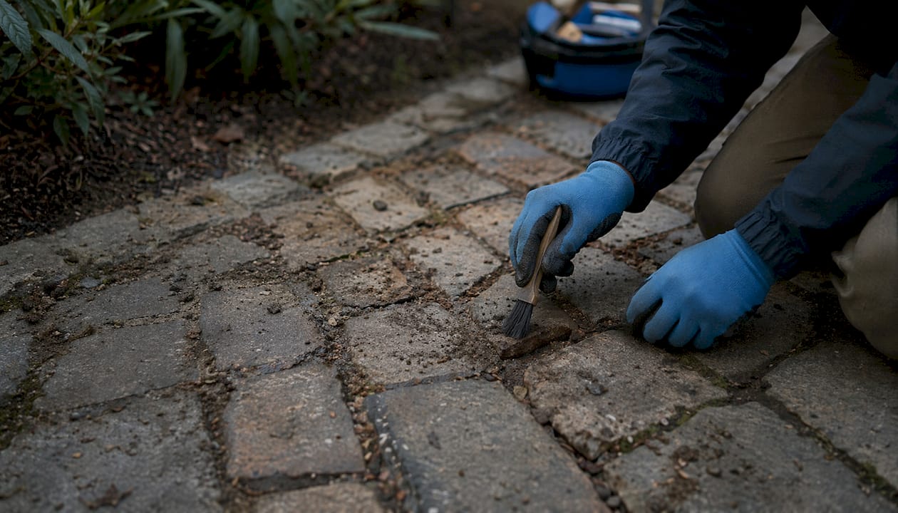 Close-up of eroded polymeric sand joints on driveway