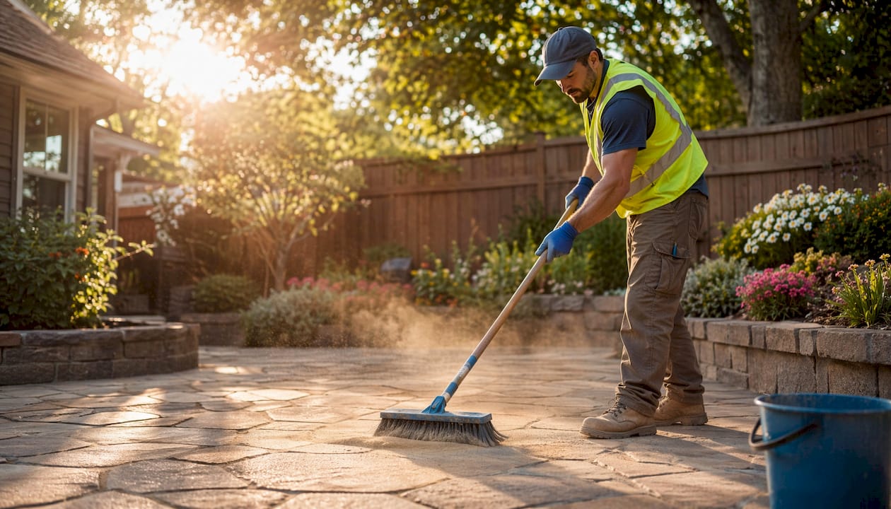 Man spreading polymeric sand on patio pavers