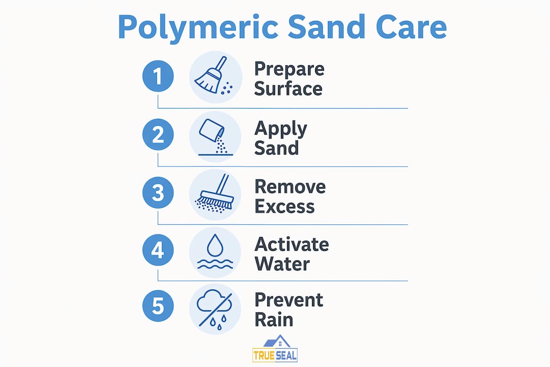 Infographic of polymeric sand installation steps and prevention