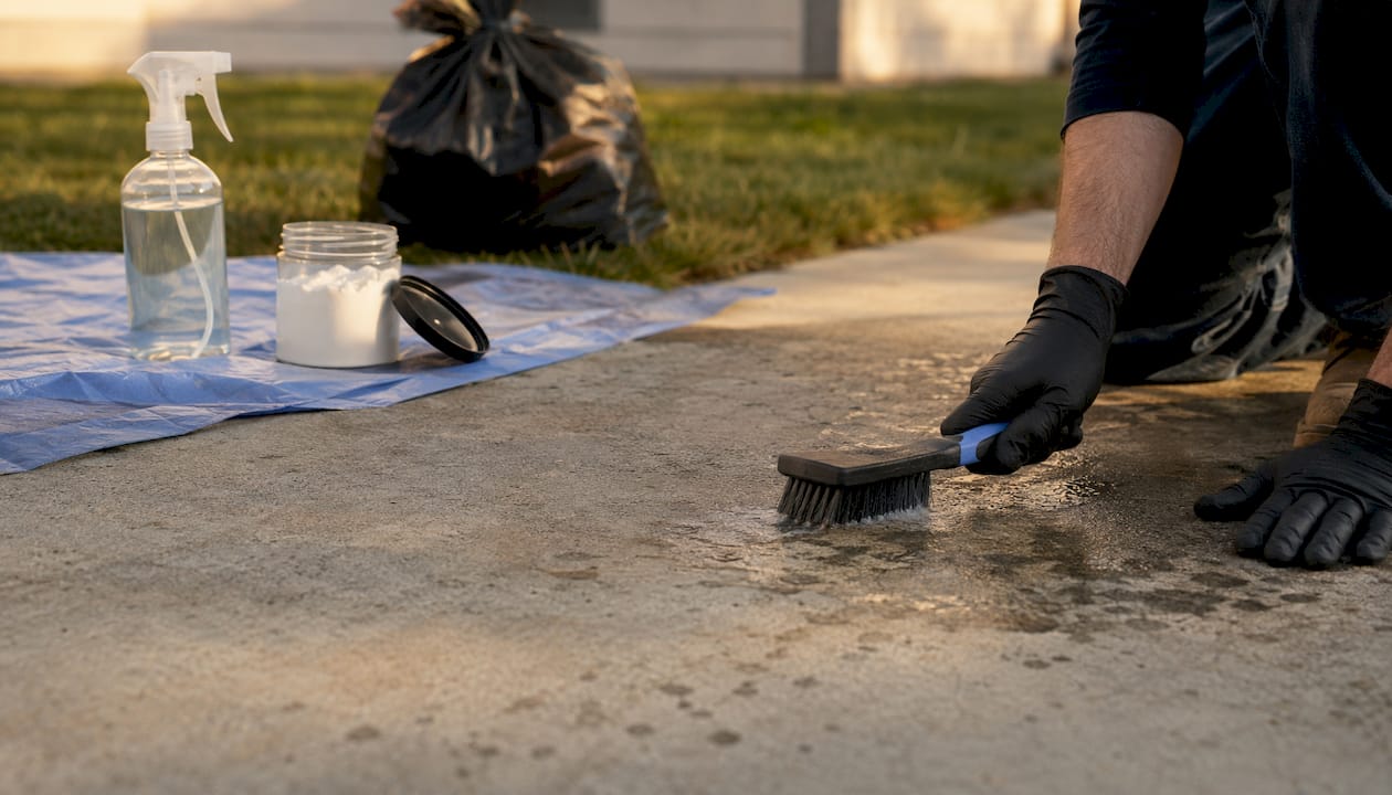 Gloved hands scrubbing oil stain with brush and cornstarch