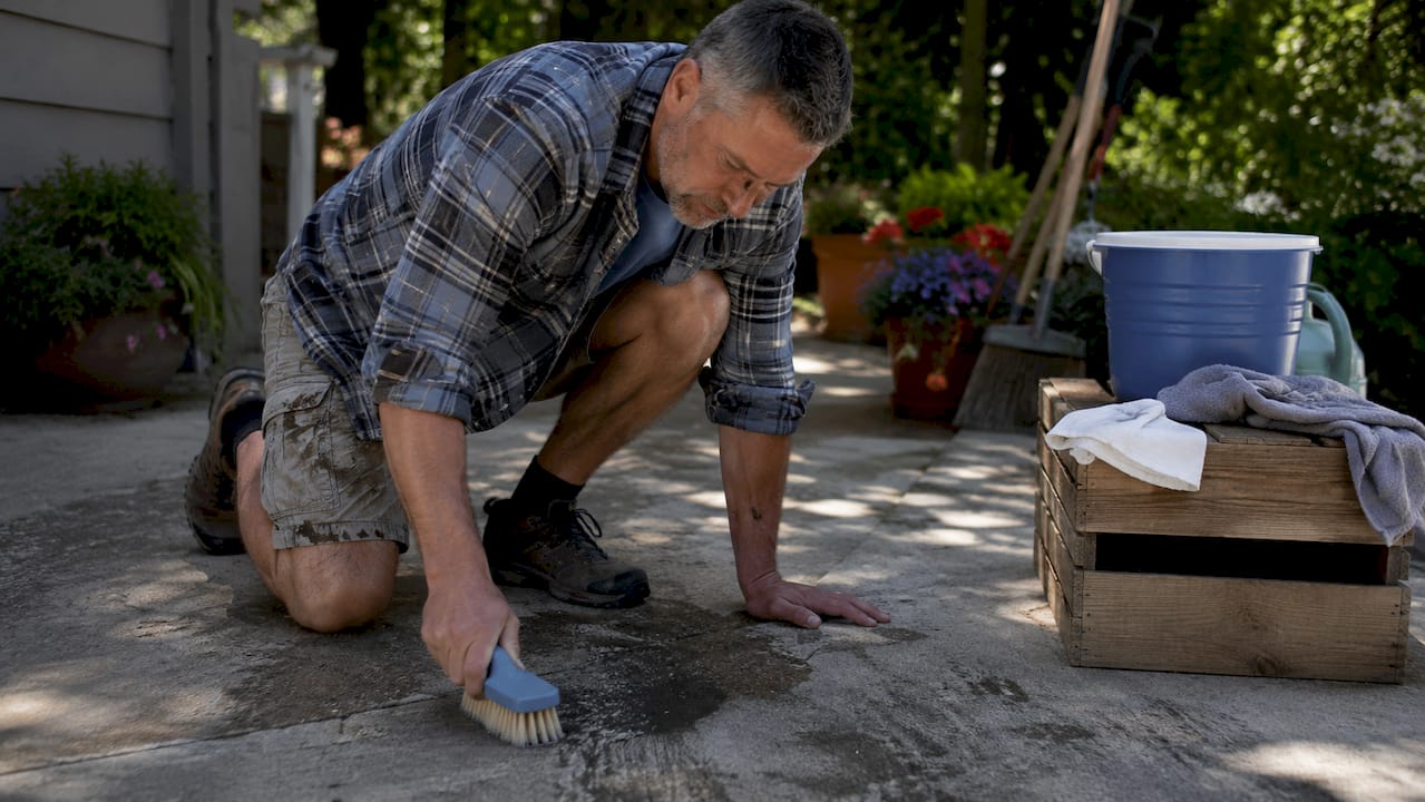 Homeowner scrubbing oil stain on driveway