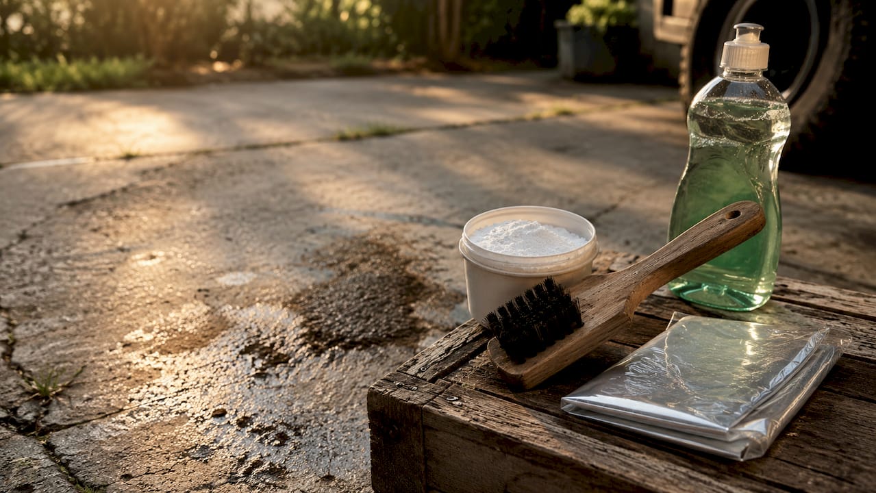 Close-up of tools to remove oil stains from concrete