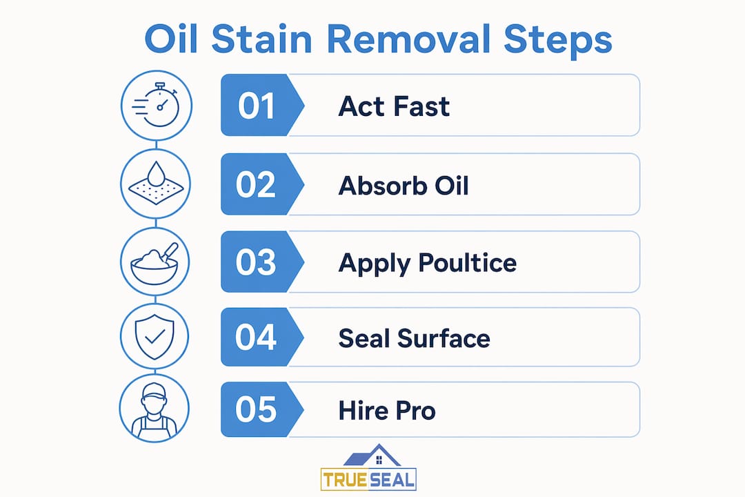 Vertical flow infographic outlining oil stain removal process steps