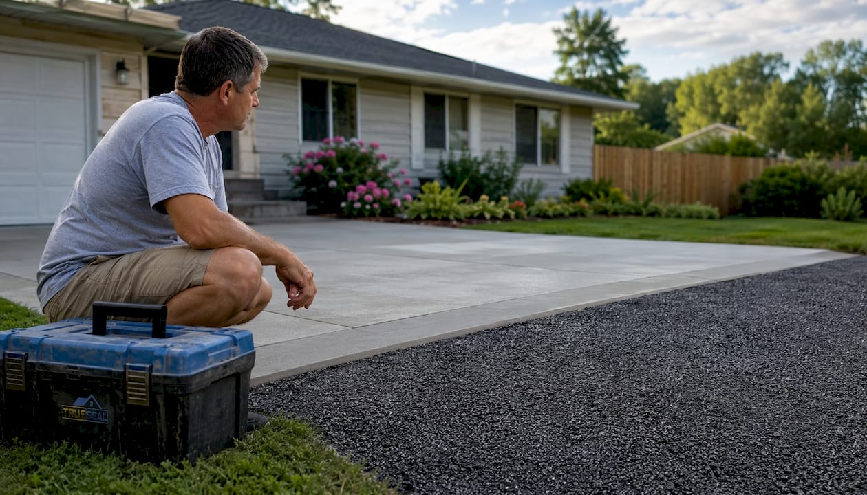 Homeowner comparing concrete and asphalt driveways