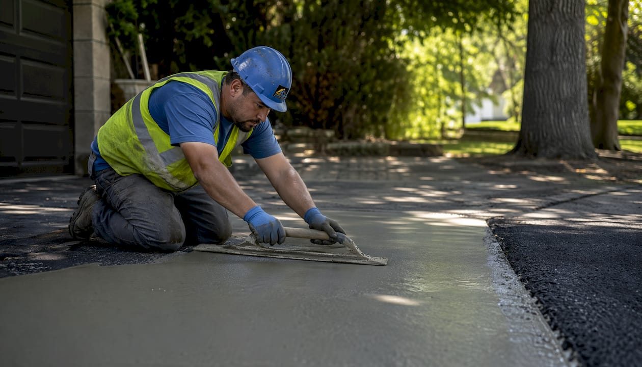 Worker smoothing freshly poured concrete driveway