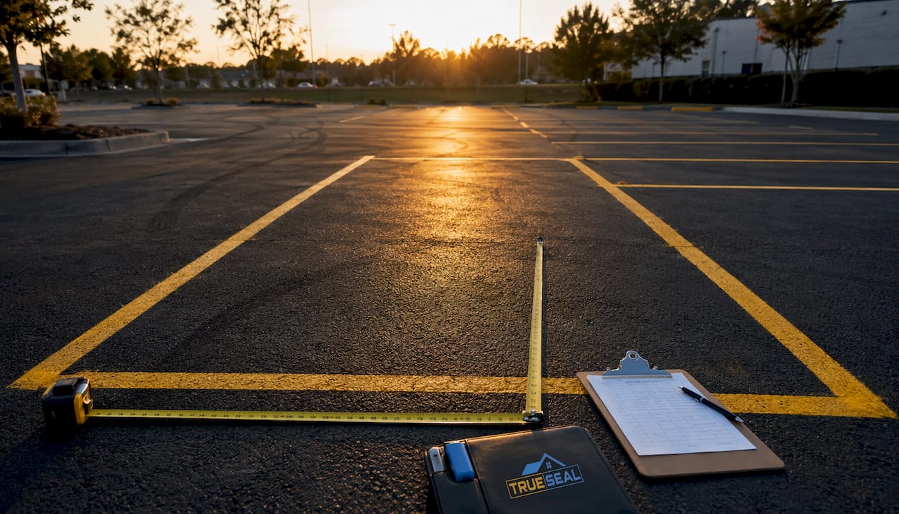 Overhead view of parking stall with measuring tape