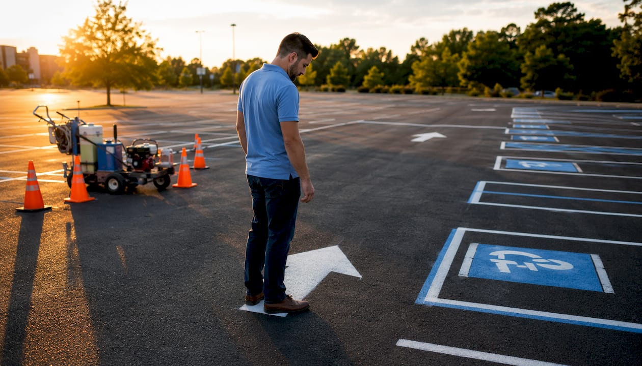 Property manager inspecting parking lot striping