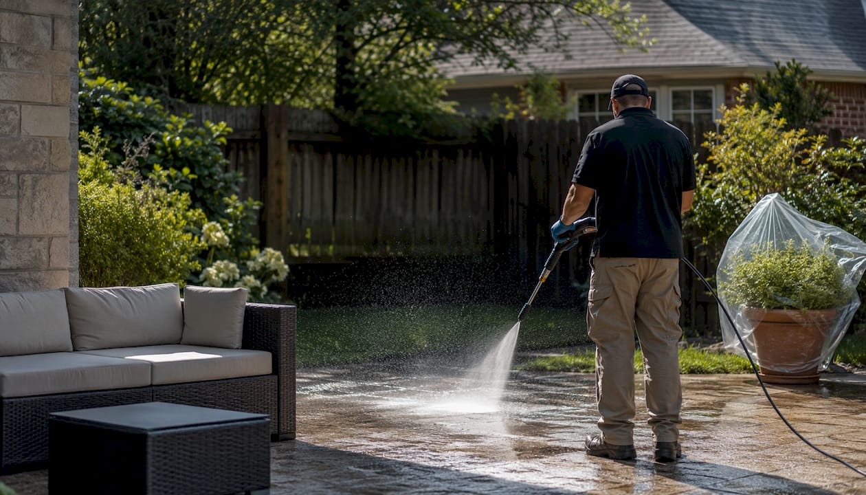 Technician pressure washing stained concrete driveway