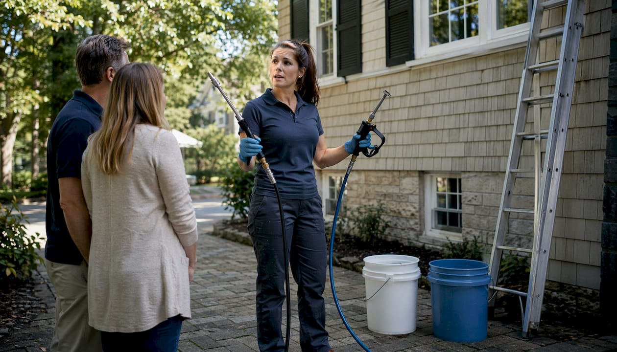 Professional comparing soft washing and pressure washing outdoors