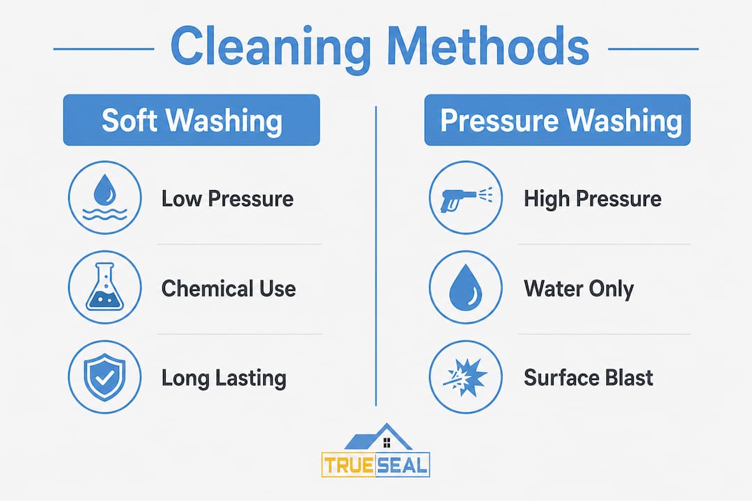 Infographic comparing soft washing and pressure washing methods