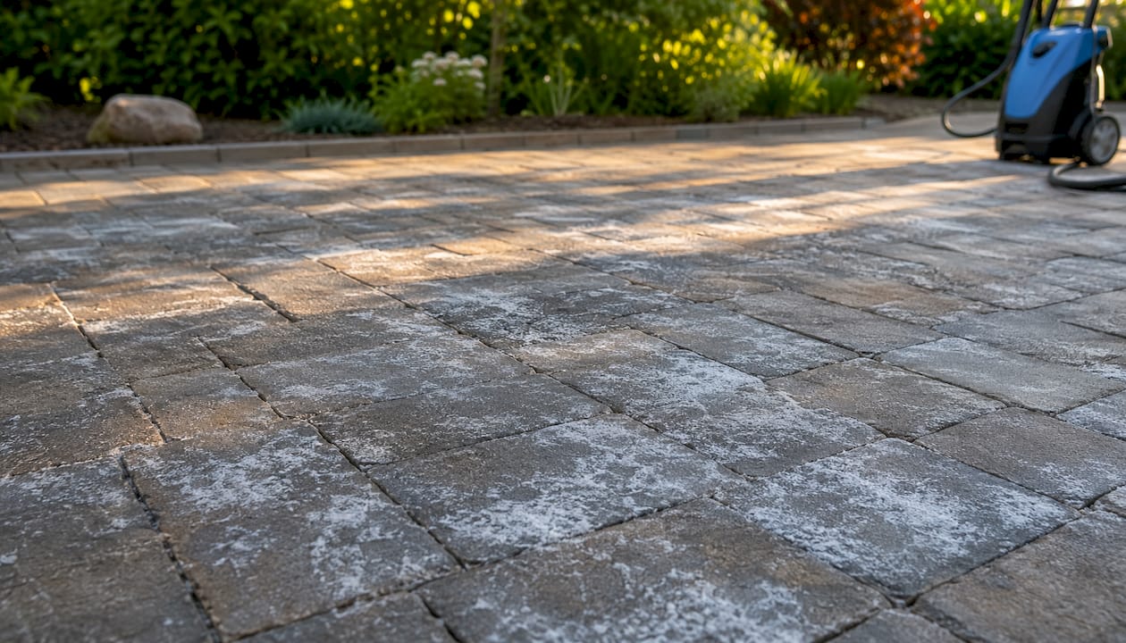 Close-up of efflorescence on new pavers