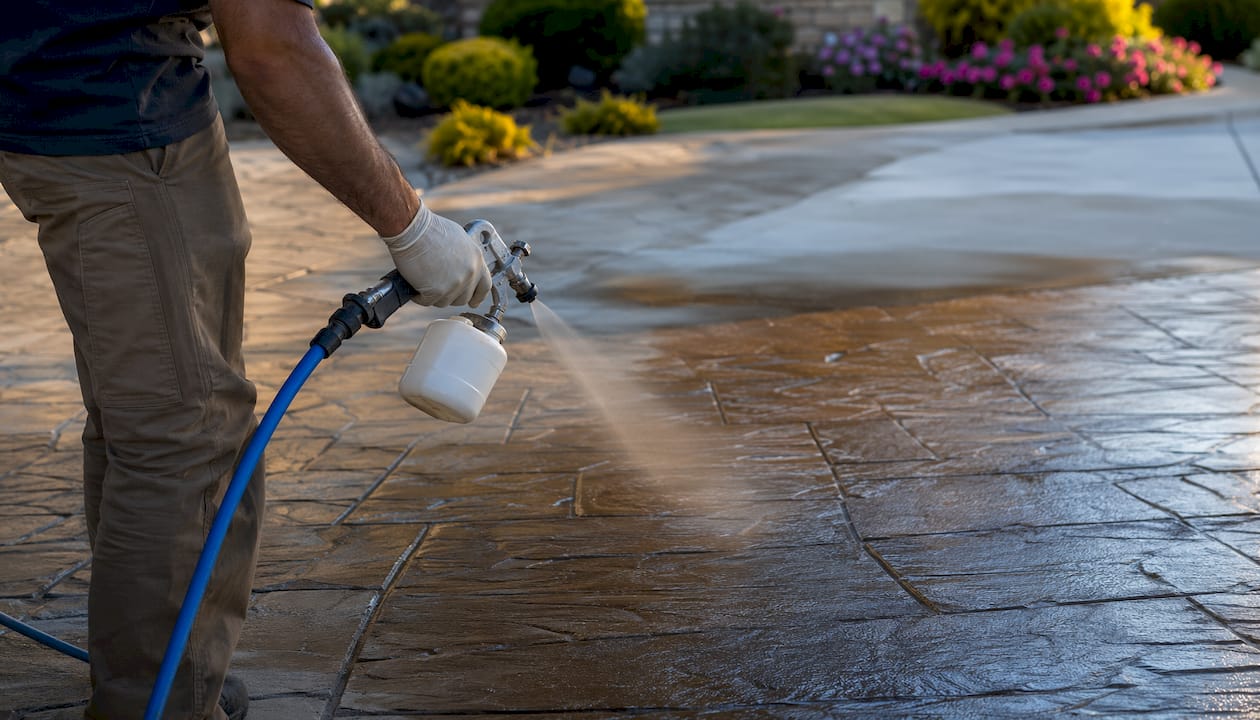 Close-up of spray sealer on stamped concrete