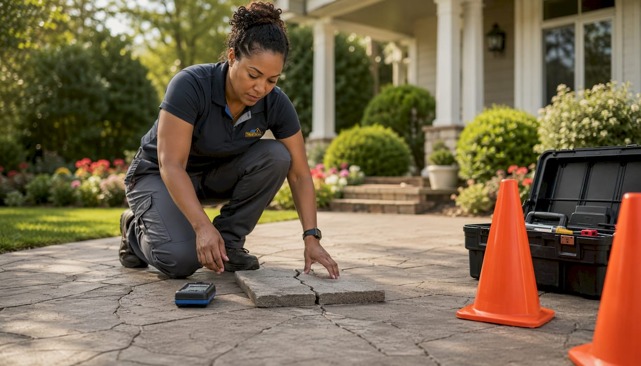 Contractor inspecting stamped concrete cracks outdoors