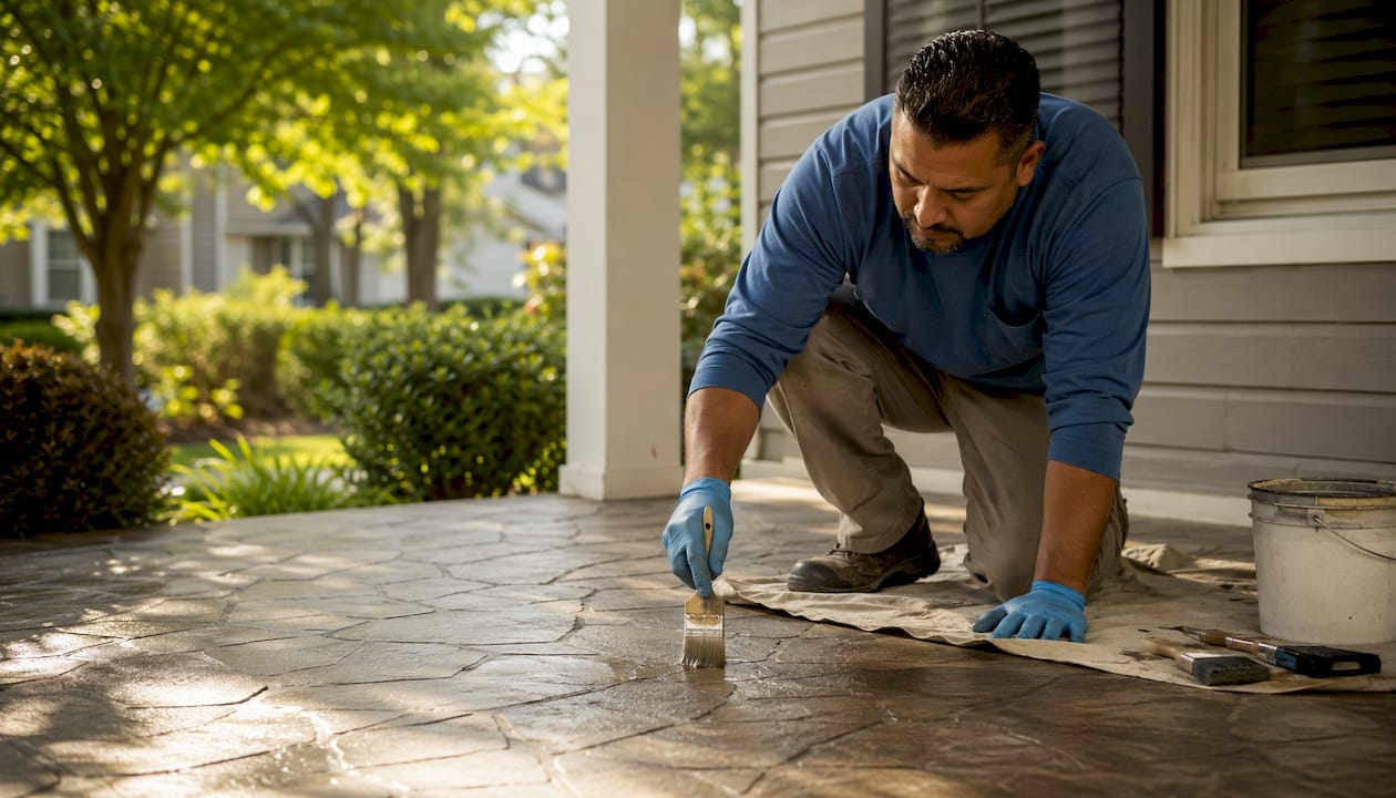 Man sealing stamped concrete patio outdoors