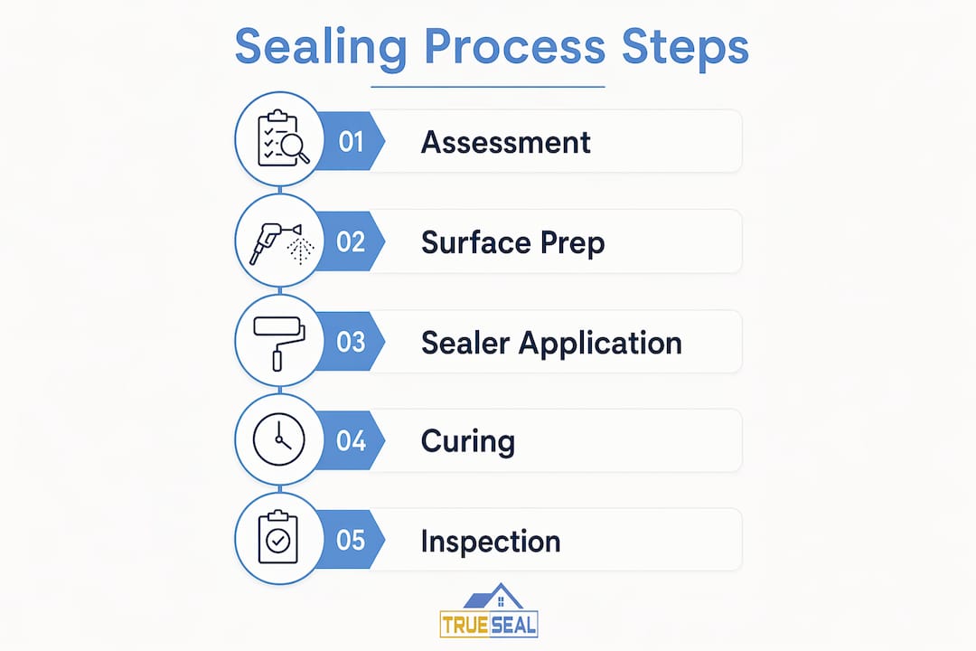 Infographic illustrating stamped concrete sealing steps