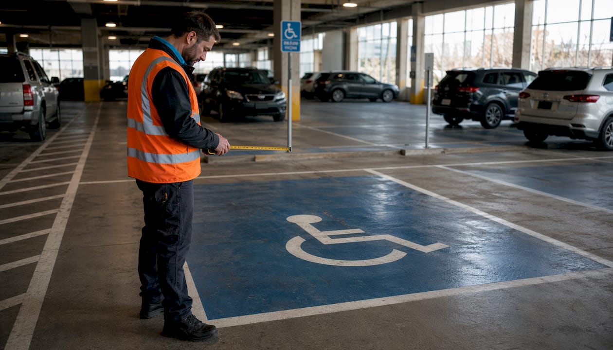 Inspector measuring handicap parking space width outdoors