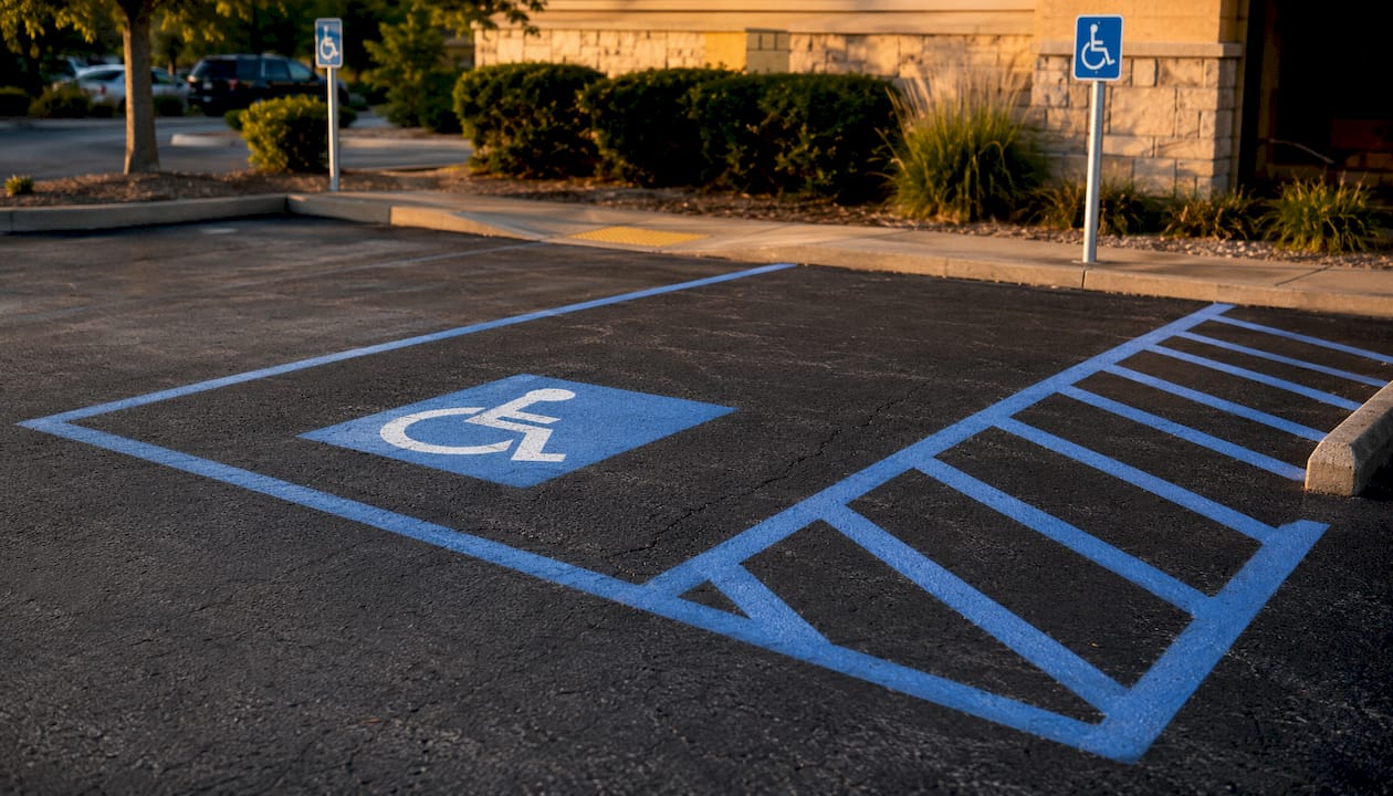 Freshly painted accessible parking space with signage