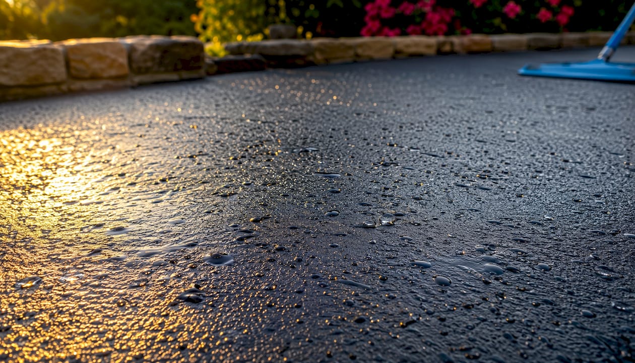 Close-up of drying sealed asphalt surface
