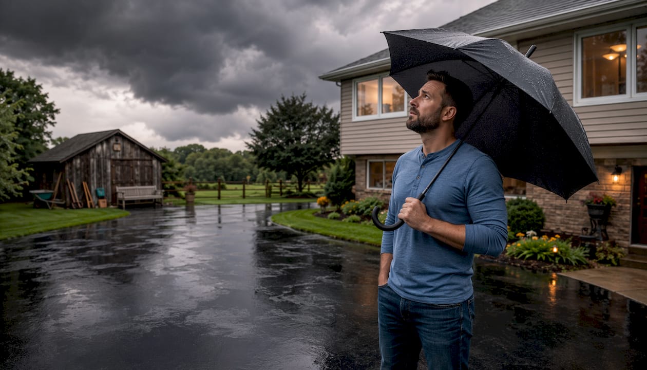 Homeowner watching rain over sealed driveway