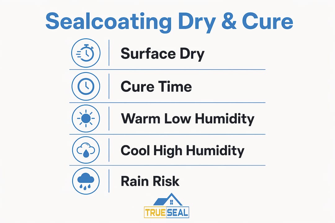 Infographic showing sealcoating dry and cure times