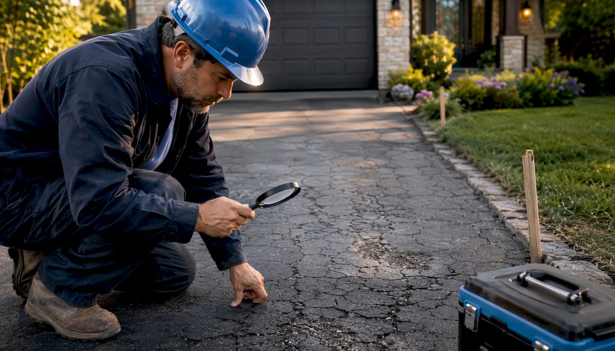 Technician inspecting cracked asphalt driveway