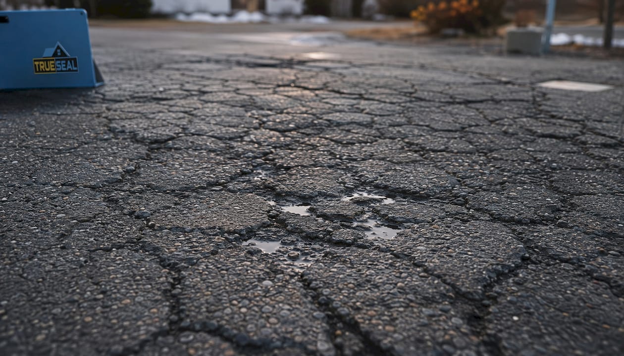 Close-up detail of alligator cracking asphalt