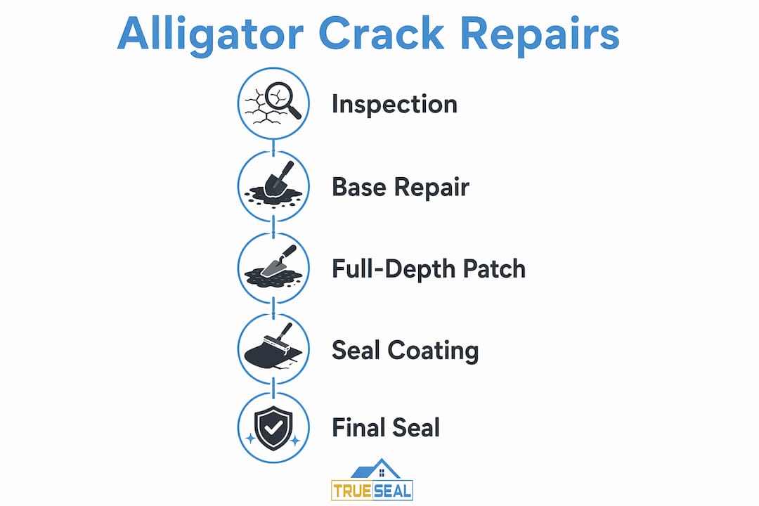 Infographic detailing alligator crack repair steps