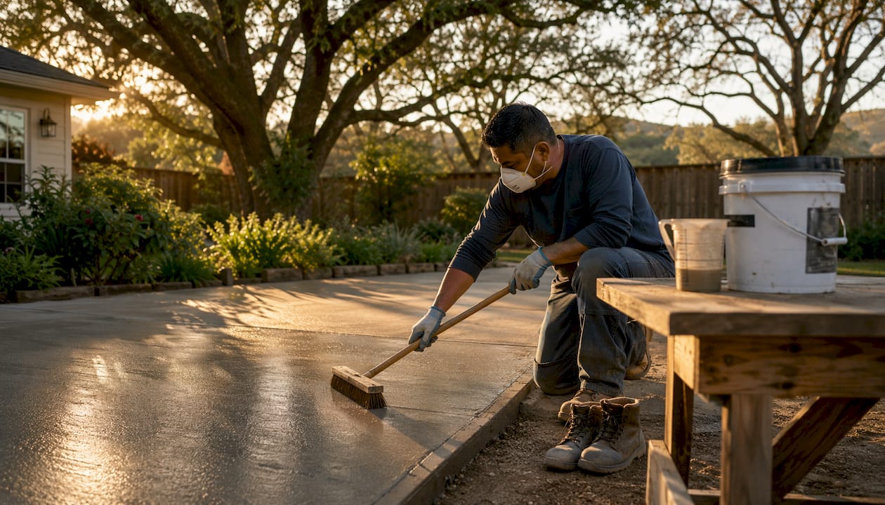 Worker preparing concrete for sealing outdoors