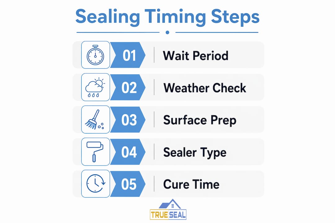 Infographic showing step-by-step guide to sealing concrete timing
