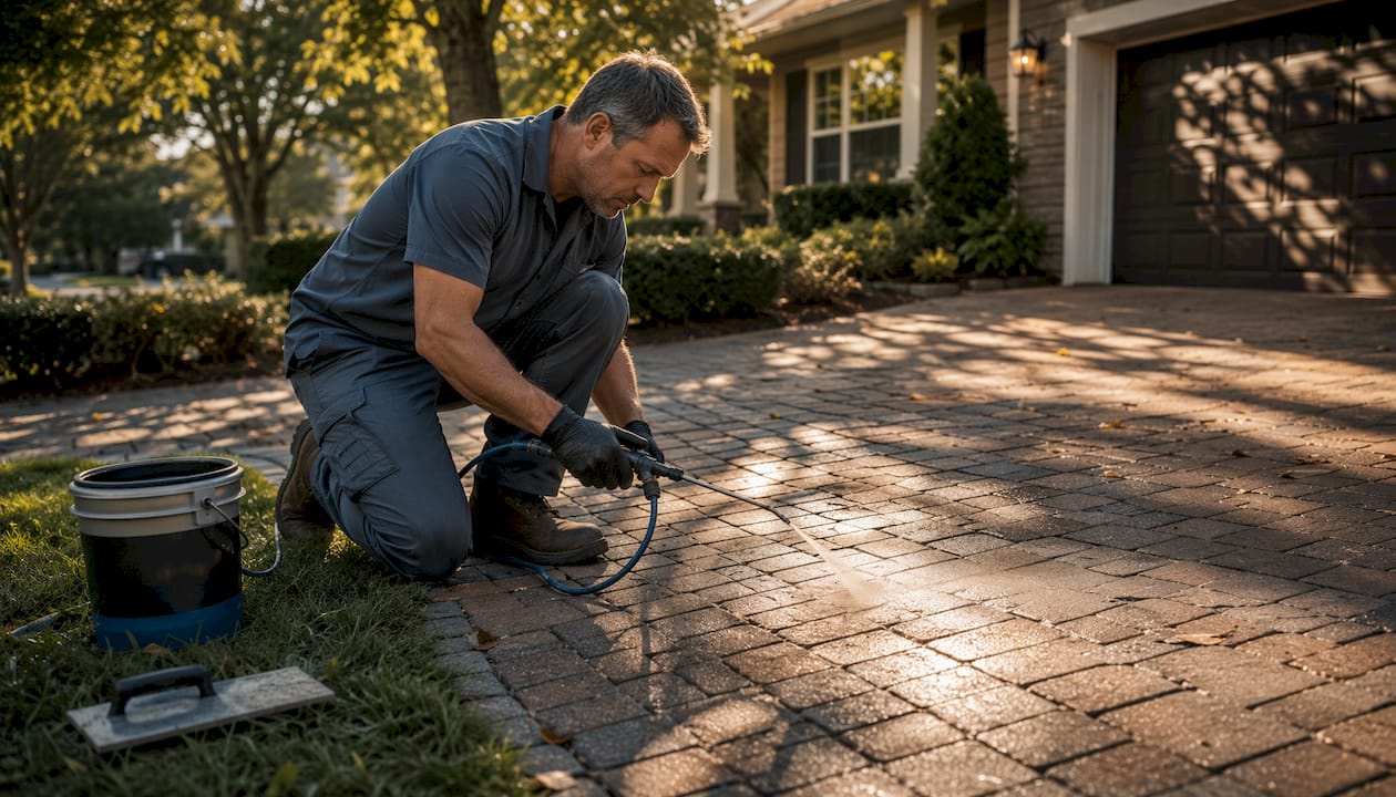 Professional sealing brick driveway pavers outdoors