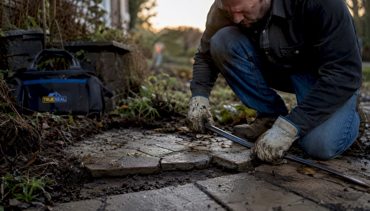 Worker lifting damaged paver stone outdoors