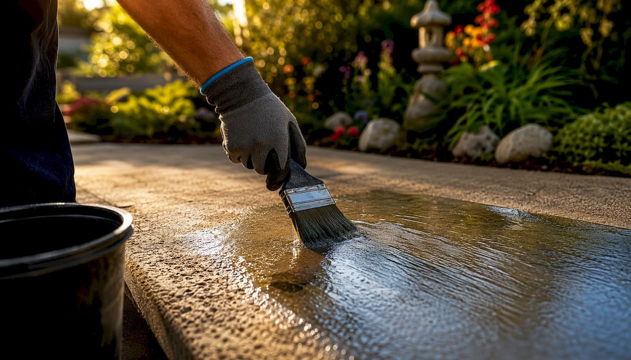 Close-up of concrete sealing brush on patio