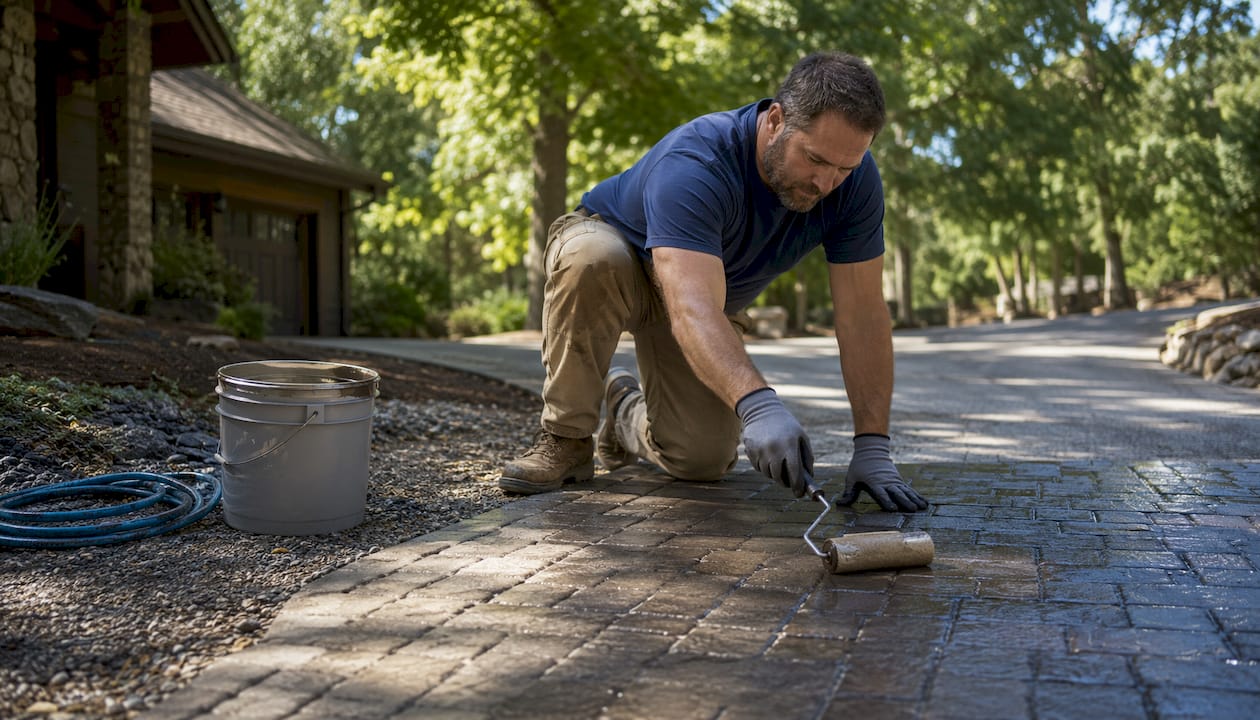 Homeowner sealing driveway concrete outdoors