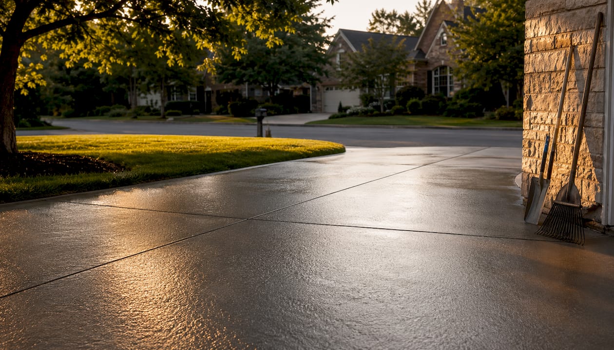 Freshly sealed concrete driveway reflecting sunlight