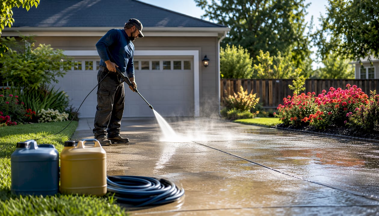 Contractor pressure washing concrete driveway surface
