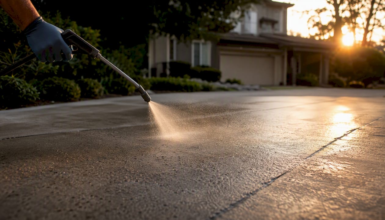 Applying concrete sealer spraying driveway