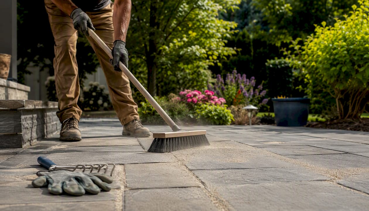 Sweeping polymeric sand into paver joints