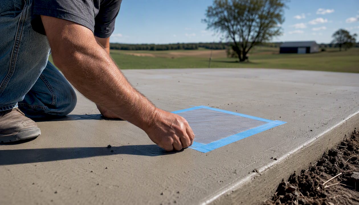 Plastic sheet taped on new concrete for moisture test