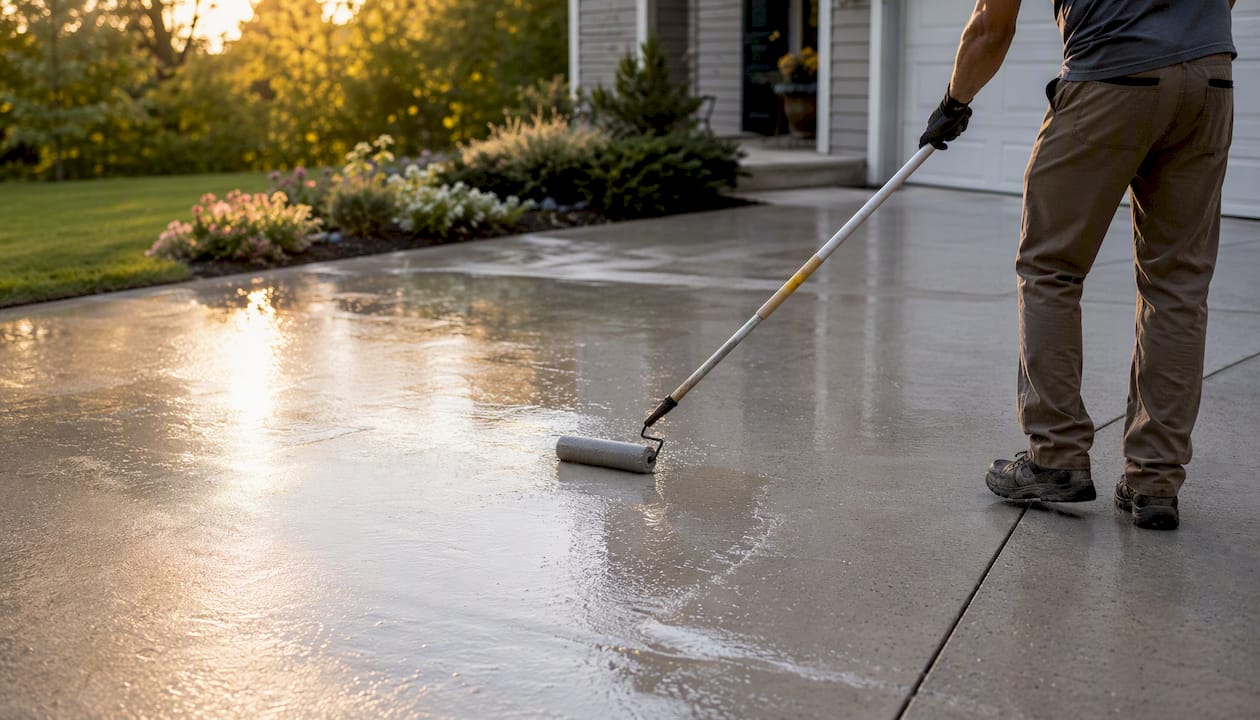 Applying concrete sealer evenly with roller