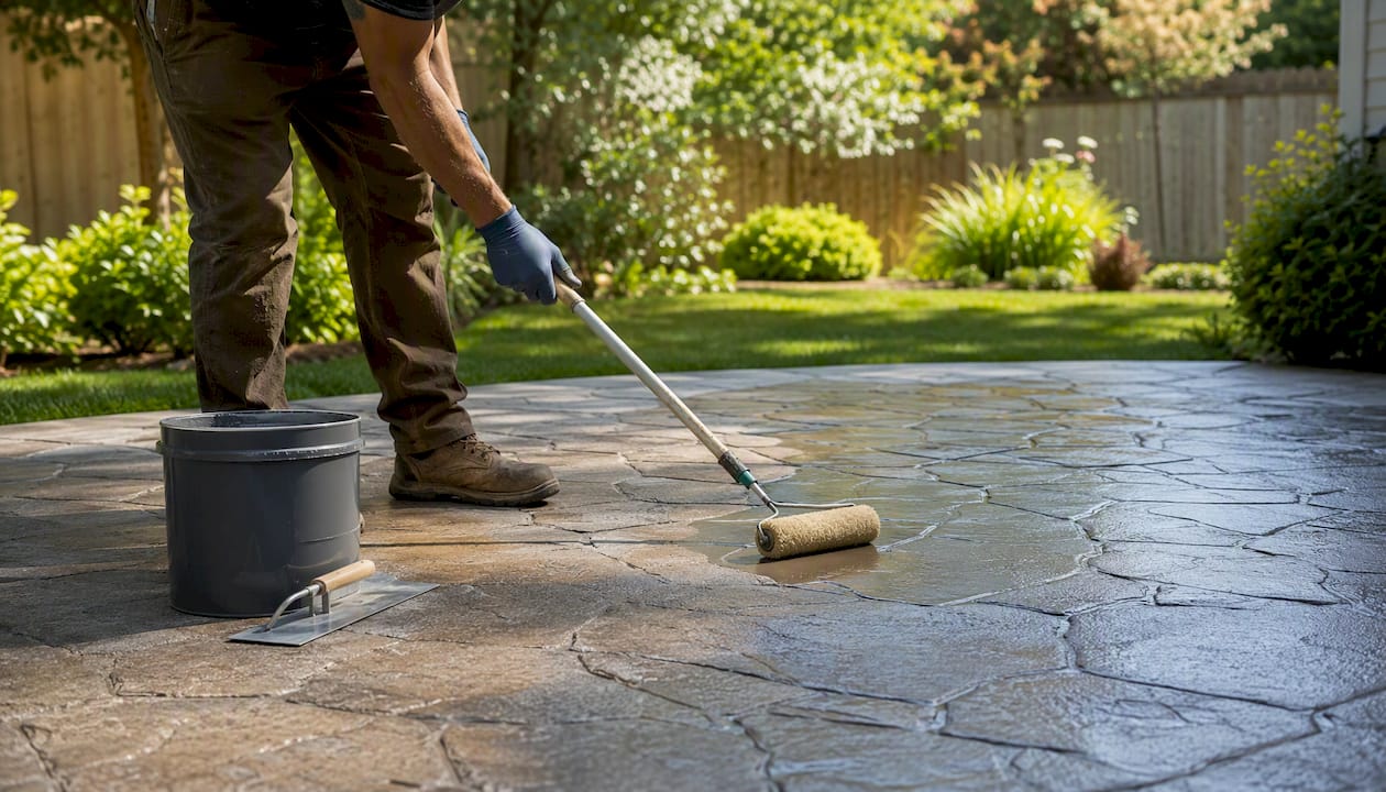 Sealer application on stamped concrete patio