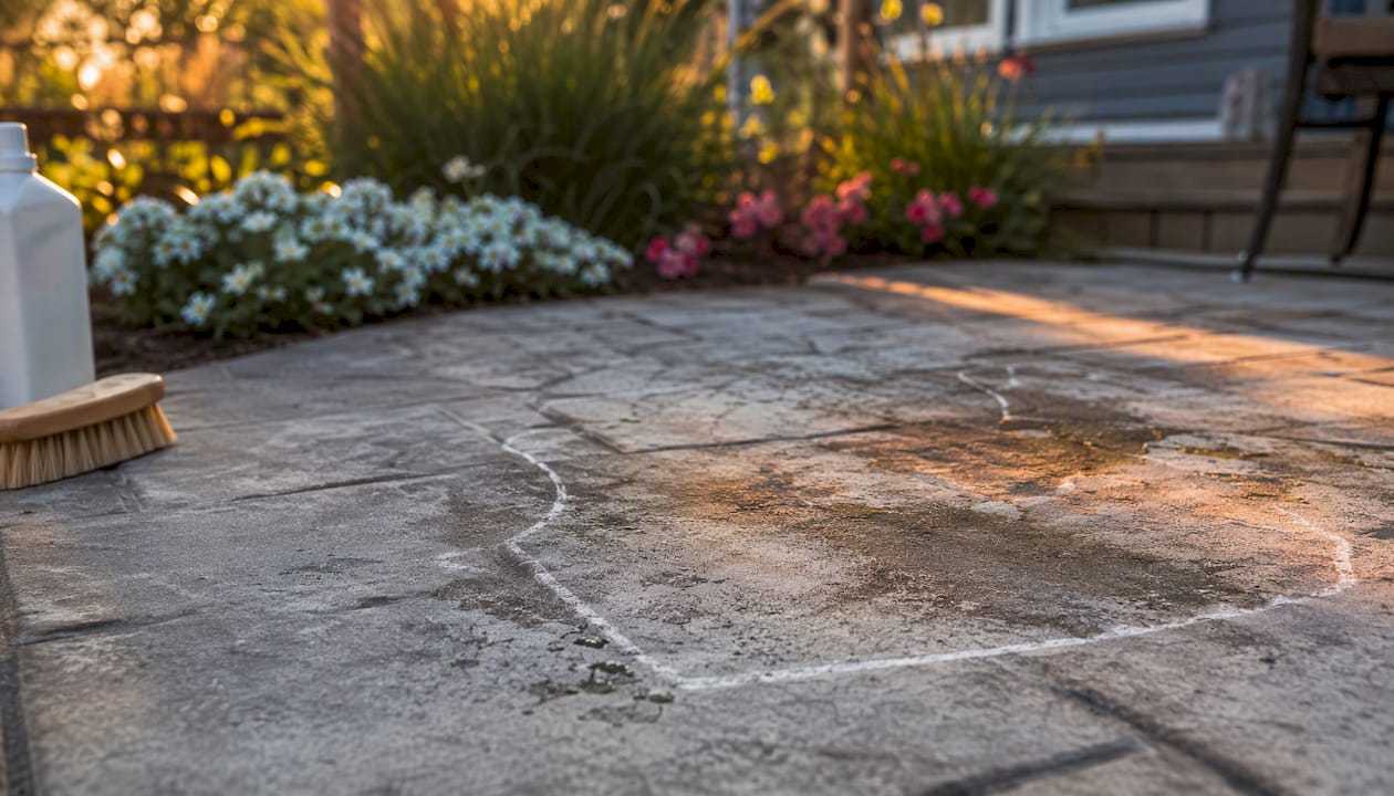 Close-up of faded stamped concrete surface