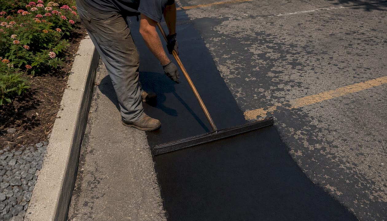 Technician applying sealcoating on parking lot edge